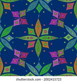 Vector seamless pattern colorful design of abstract lined flowers in dark tones in quadrant ornament. The design perfect for backgrounds, textiles, wrapping paper, wallpaper, decorations and surfaces