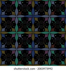 Vector seamless pattern colorful design of abstract lined flowers in dark tones in quadrant ornament. The design is perfect for backgrounds, textiles, wrapping paper, wallpaper, decorations, surfaces