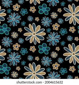 Vector seamless pattern colorful design of abstract lined flowers in dark tones. The design is perfect for backgrounds, textiles, wrapping paper, wallpaper, decorations and surfaces