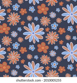 Vector seamless pattern colorful design of abstract lined flowers in pastel tones on dark background. The design is perfect for backgrounds, textiles, wrapping paper, wallpaper, decorations, surfaces