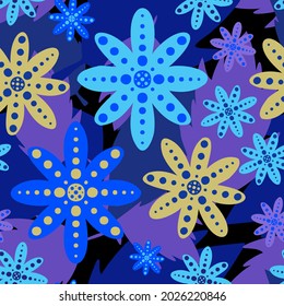 Vector seamless pattern colorful design of abstract lined flowers and leaves in blue tones. The design is perfect for backgrounds, textiles, wrapping paper, wallpaper, decorations and surfaces