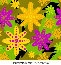 Vector seamless pattern colorful design of abstract lined flowers and leaves in bright yellow tones. The design is perfect for backgrounds, textiles, wrapping paper, wallpaper, decorations and
