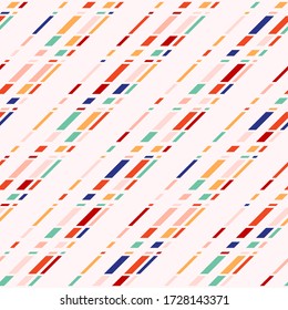 Vector seamless pattern with colorful diagonal lines, stripes. Stylish abstract striped texture with color shapes on white. Modern minimal geometric background. Repeat design for decor, print, wrap