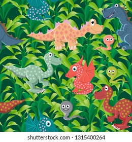 Vector seamless pattern. Colorful dinosaurs on the background of a wild prehistoric forest. Background for textiles and fabrics.
