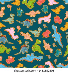Vector seamless pattern. Colorful dinosaurs on the background of a wild prehistoric forest. Background for textiles and fabrics.