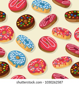 Vector seamless pattern with colorful donuts with shadows. Background illustration