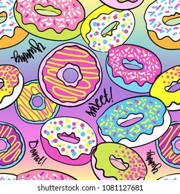Vector seamless pattern with colorful donuts with rainbow background.