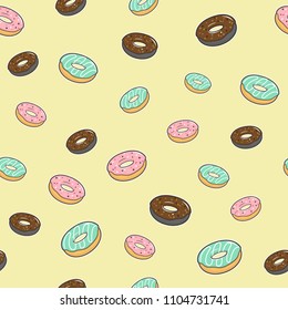 vector seamless pattern with colorful donuts with glaze and sprinkles on yellow background for decorate coffee shop or bakery shop.