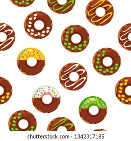 Vector seamless pattern with colorful donuts with glaze and sprinkles on a white background.
