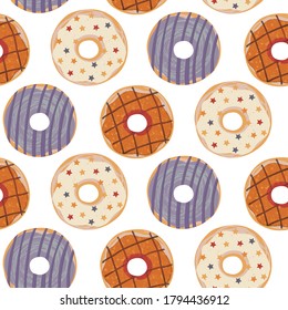 Vector seamless pattern with colorful donuts. Glaze, sprinkle and chocolate donuts with hand drawn texture. Tasty, fresh and yummy dessert. Endless background for fabric, textile