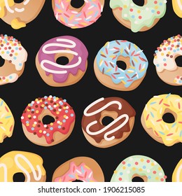 Vector seamless pattern with colorful donuts. Isolated illustration in cute cartoon style. 