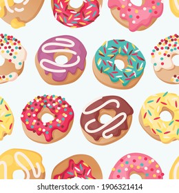 Vector seamless pattern with colorful donuts. Isolated illustration in cute cartoon style. 