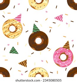 Vector seamless pattern, colorful donuts isolated on white background in flat style donut style.
