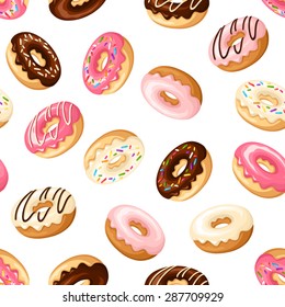 Vector seamless pattern with colorful donuts with glaze and sprinkles on a white background.