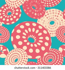 vector seamless pattern with colorful donuts, toroid shapes, bagels or torus.