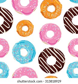 Vector seamless pattern with colorful donuts with glaze and sprinkles on a white background.