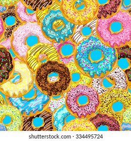 Vector seamless pattern with colorful donuts with glaze and sprinkles on a blue background.