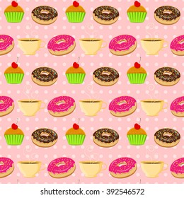 Vector seamless pattern with colorful donuts, cherry muffins and teacups with polka dot background. Seamless vector dessert background. Vintage food background with tasty donuts, cupcakes and teacups