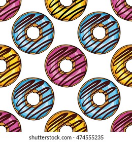 Vector seamless pattern with colorful donuts. Donuts with glazes isolated on white background. Donut vector set. 