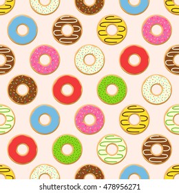 Vector seamless pattern with colorful donuts with glaze and sprinkles on pink background. Candy decoration color donuts collection. Glazed pastry delicious snack, eat candy.