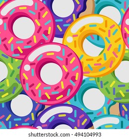 Vector seamless vector pattern with colorful donuts with glaze and sprinkles on a light background. Modern flat geometric donuts set. Yellow green pink lilac and mint. Tasty sweets. Desserts.