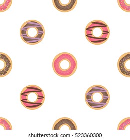 Vector seamless pattern with colorful donuts with glaze on a white background. Donut texture. Vector illustration in modern flat style.