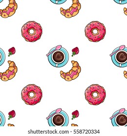 Vector seamless pattern with colorful donuts, cups coffee and croissants. Isolated objects on a white background
