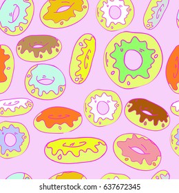 Vector seamless pattern with colorful donuts with glaze and sprinkles on a pink background.