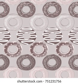 Vector seamless pattern with colorful donuts with different decor in monochrome colors. Vector illustration for design packaging, delivery box, menu design, cafe decoration. 