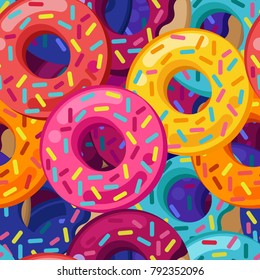 Vector seamless pattern with colorful donuts with glaze and sprinkles for background. Modern flat geometric donuts set. Yellow green pink lilac and mint. Tasty sweets. Desserts. 