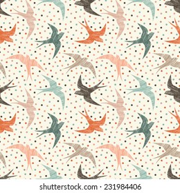Vector seamless pattern with colorful doodle swallows and dots