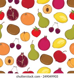 Vector seamless pattern with colorful doodle fruits.  Strawberry, cherry, lemon, apple, pear, pomegranate, orange, kiwi, apricot. 