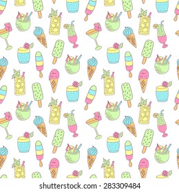 vector seamless pattern with colorful doodle cocktails and ice cream