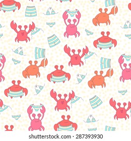 vector seamless pattern with colorful doodle crabs and striped swimsuits