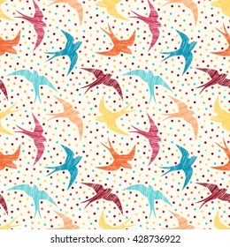 Vector seamless pattern with colorful doodle swallows and dots