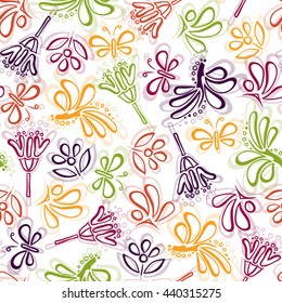 Vector seamless pattern with colorful doodle flowers, leaves and butterfly