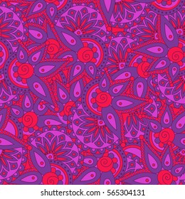 Vector seamless pattern. Colorful doodle abstract ornaments. Red and purple colors.