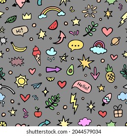 Patrón vectorial sin fisuras con doodles coloridos. Diseño dibujado a mano para papel pintado, envoltura, papelería, textil.