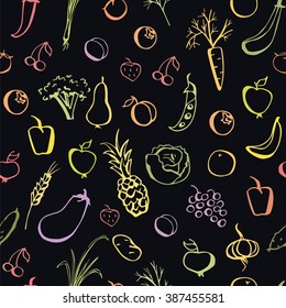Vector seamless pattern with colorful doodles of fruits, berries and vegetables. Hand drawn elements on dark blue background. Simple nature backdrop for your design.