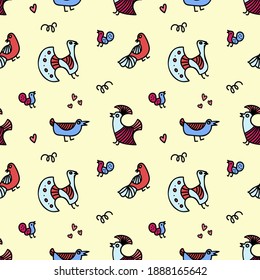Vector seamless pattern with colorful doodle-styled birds and decorative elements on light yellow background.Hand drawn design for textile,clothes,fabrics,wrapping paper