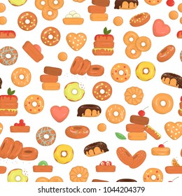 Vector seamless pattern of colorful doughnuts. Bright donut repeat backdrop. Repeat texture of sweet bakery goods. Cheerful drawing of cakes.