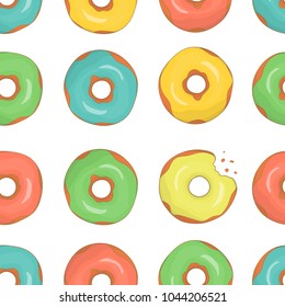 Vector seamless pattern of colorful doughnuts. Bright donut repeat backdrop. Repeat texture of sweet bakery goods. Cheerful drawing of cakes.