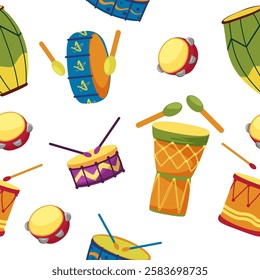 Vector seamless pattern with colorful drums for holidays, street parades and carnivals. Collection of percussion musical instruments.