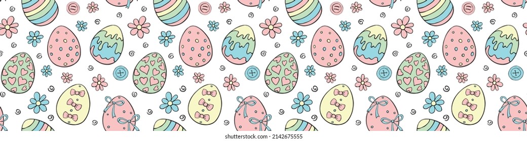 Vector seamless pattern with colorful Easter eggs, flowers. Spring hand drawn doodle, holiday tradition backgrounds and textures with decorative elements
