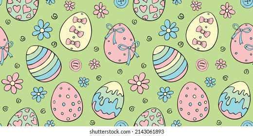 Vector seamless pattern with colorful Easter eggs, flowers, buttons. Spring hand drawn doodle, holiday tradition backgrounds and textures with decorative elements