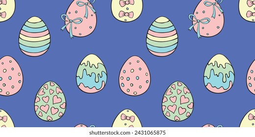 Vector seamless pattern with colorful Easter eggs. Hand drawn doodle, holiday backgrounds and textures with decorative elements