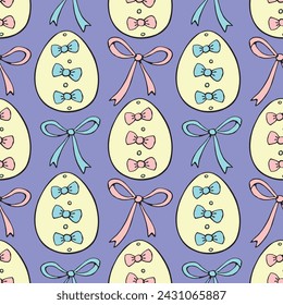 Vector seamless pattern with colorful Easter eggs and bows. Spring hand drawn doodle, holiday background and texture with decorative elements