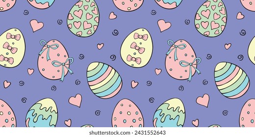 Vector seamless pattern with colorful Easter eggs, hearts. Spring hand drawn doodle, holiday tradition backgrounds and textures with decorative elements