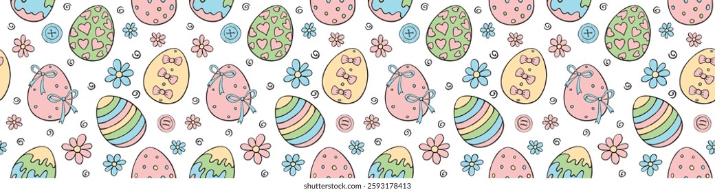 Vector seamless pattern with colorful Easter eggs, flowers. Spring hand drawn doodle, holiday tradition backgrounds and textures with decorative elements