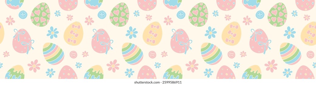 Vector seamless pattern with colorful Easter eggs, flowers. Spring hand drawn doodle, holiday tradition backgrounds and textures with decorative elements